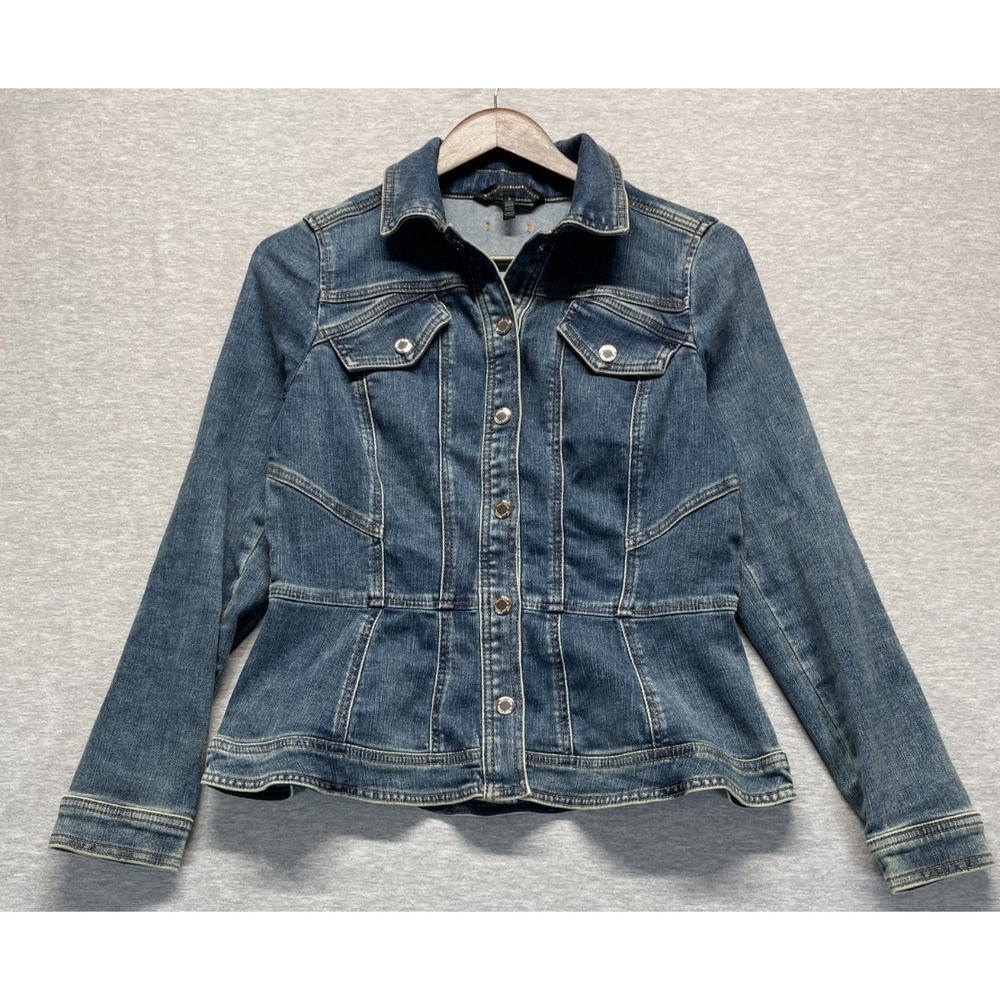 White House Black Market Peplum Jacket Womens S Blue Denim Collared Button Front